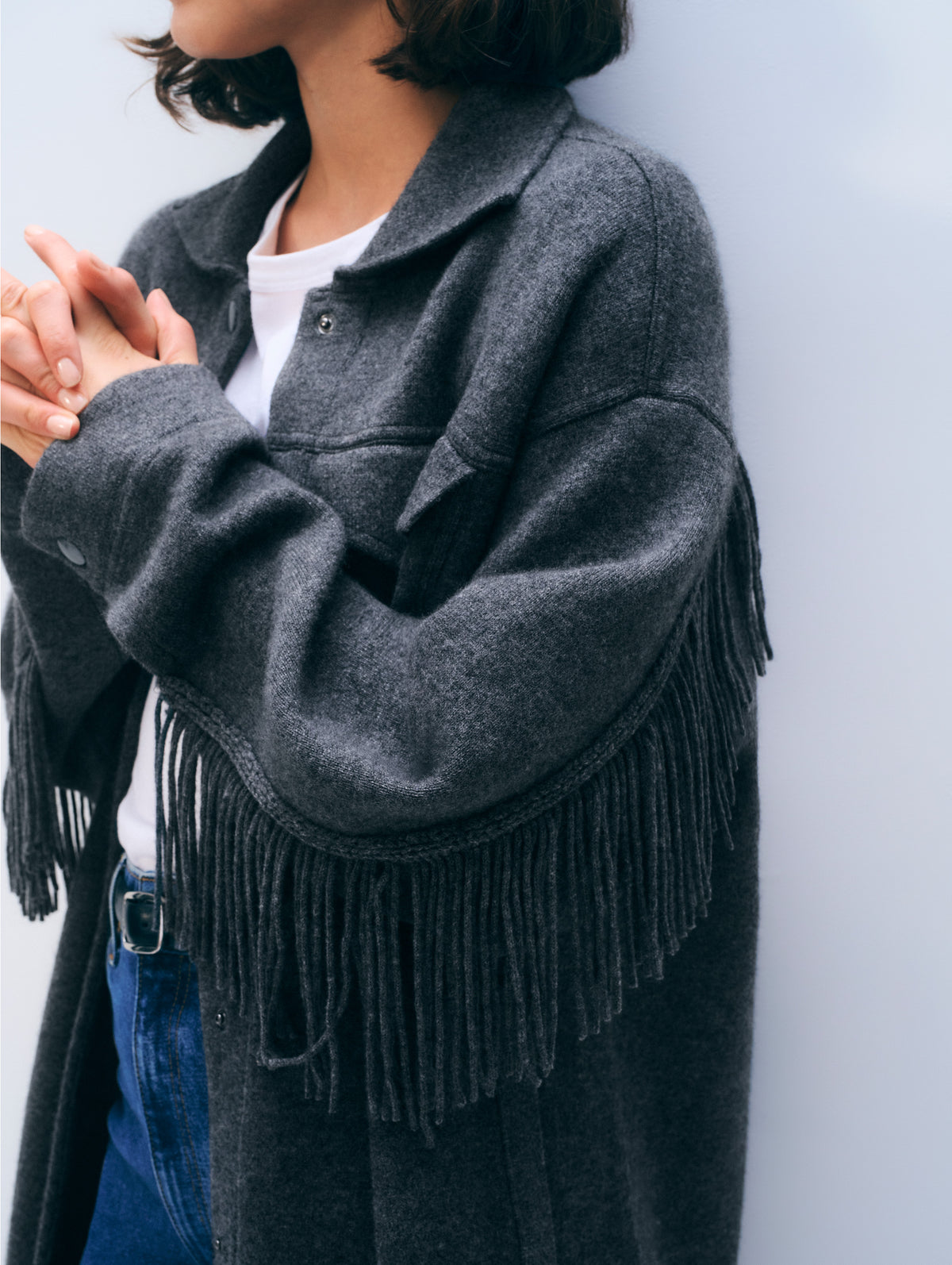 Cashmere Merino Fringe Coat | Dark Granite
