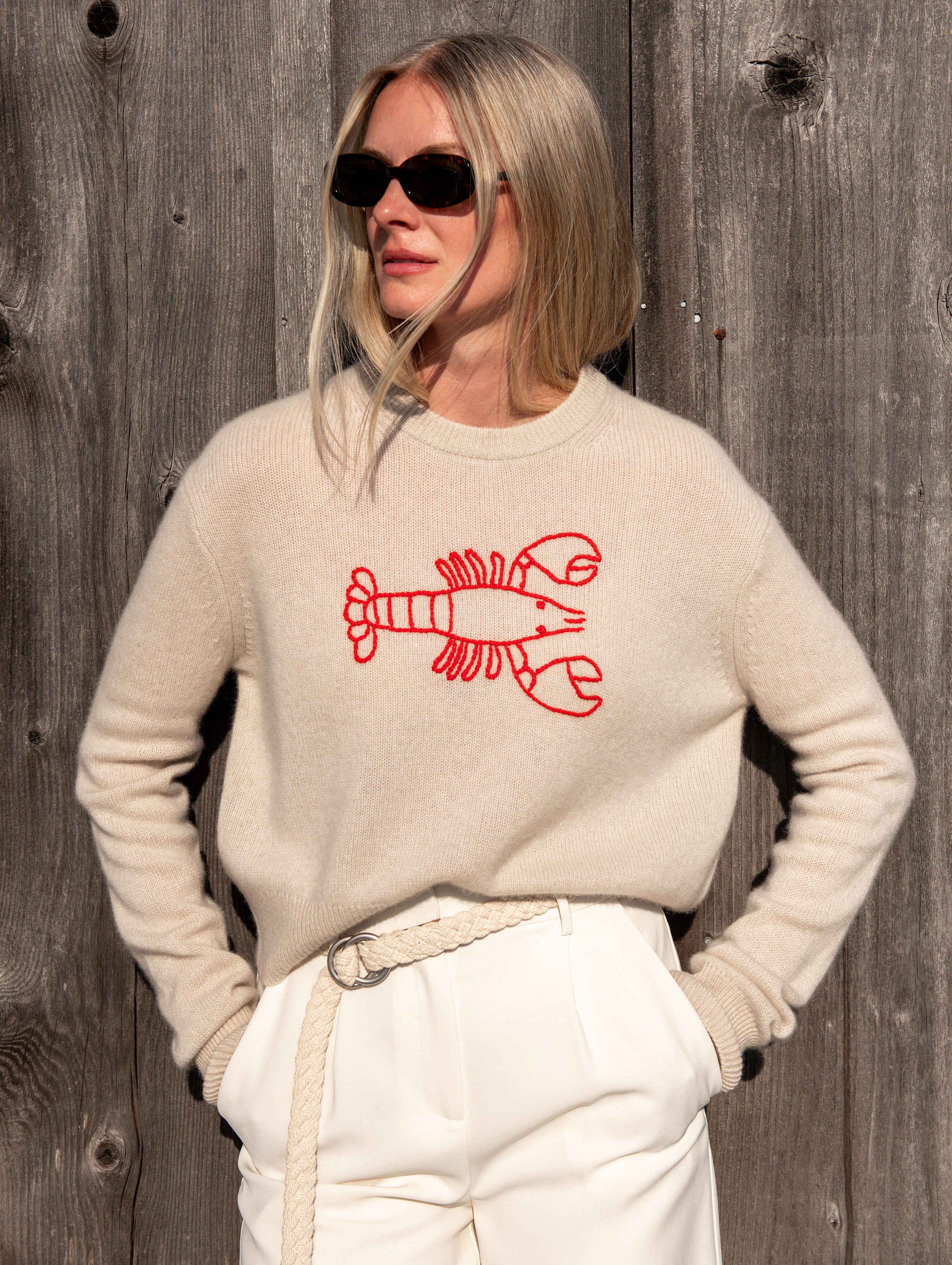 Cashmere Embroidered Lobster Crewneck | Natural Heather/Red