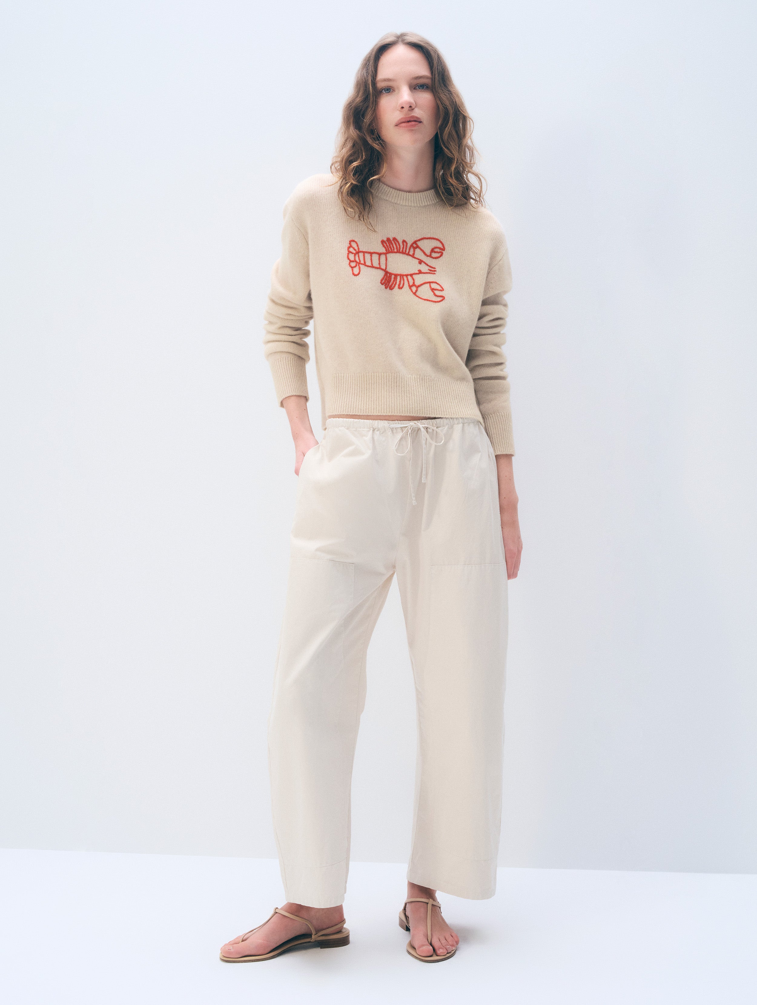 Cashmere Embroidered Lobster Crewneck | Natural Heather/Red