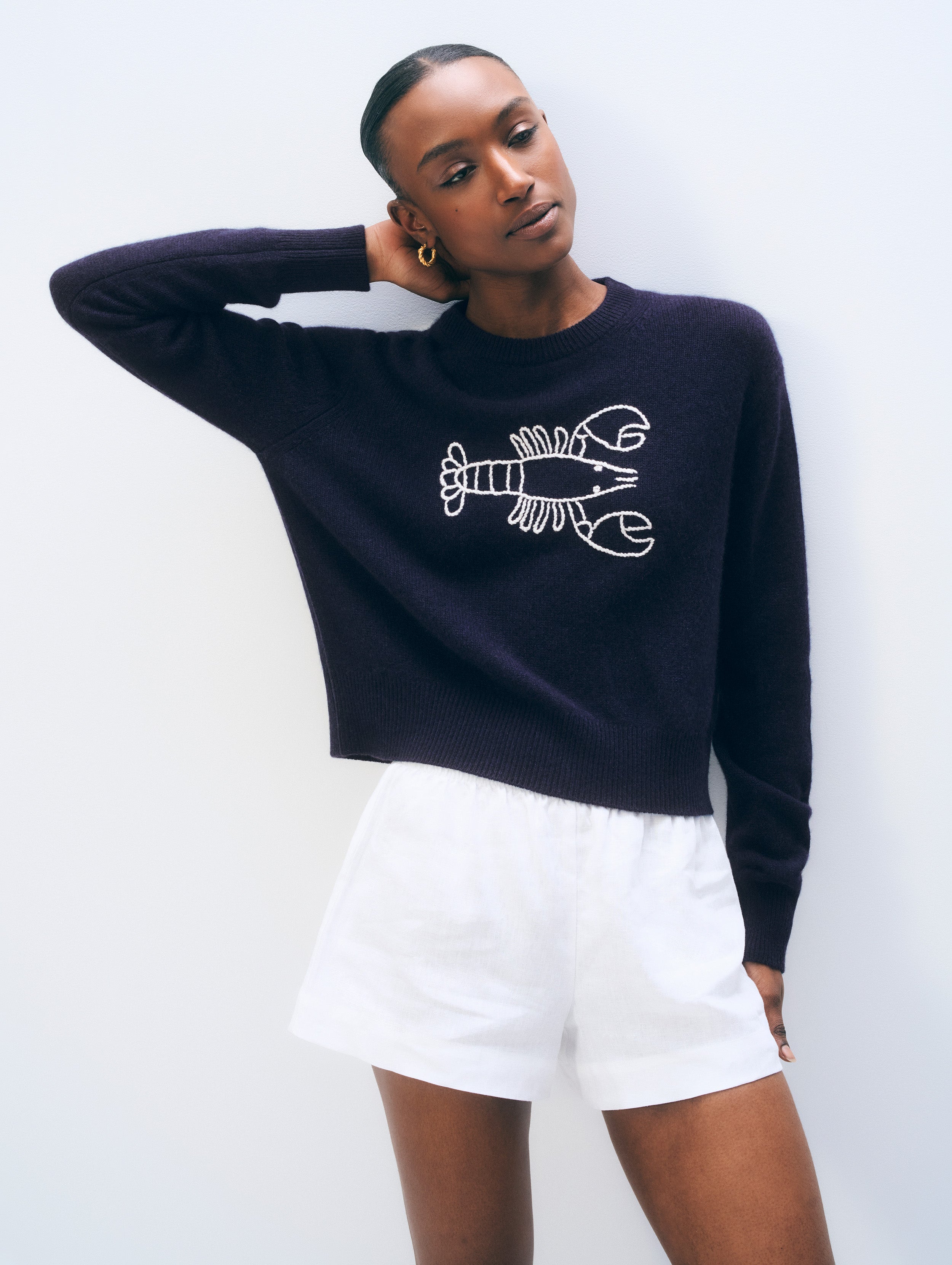 Cashmere Embroidered Lobster Crewneck | Deep Navy/Soft White