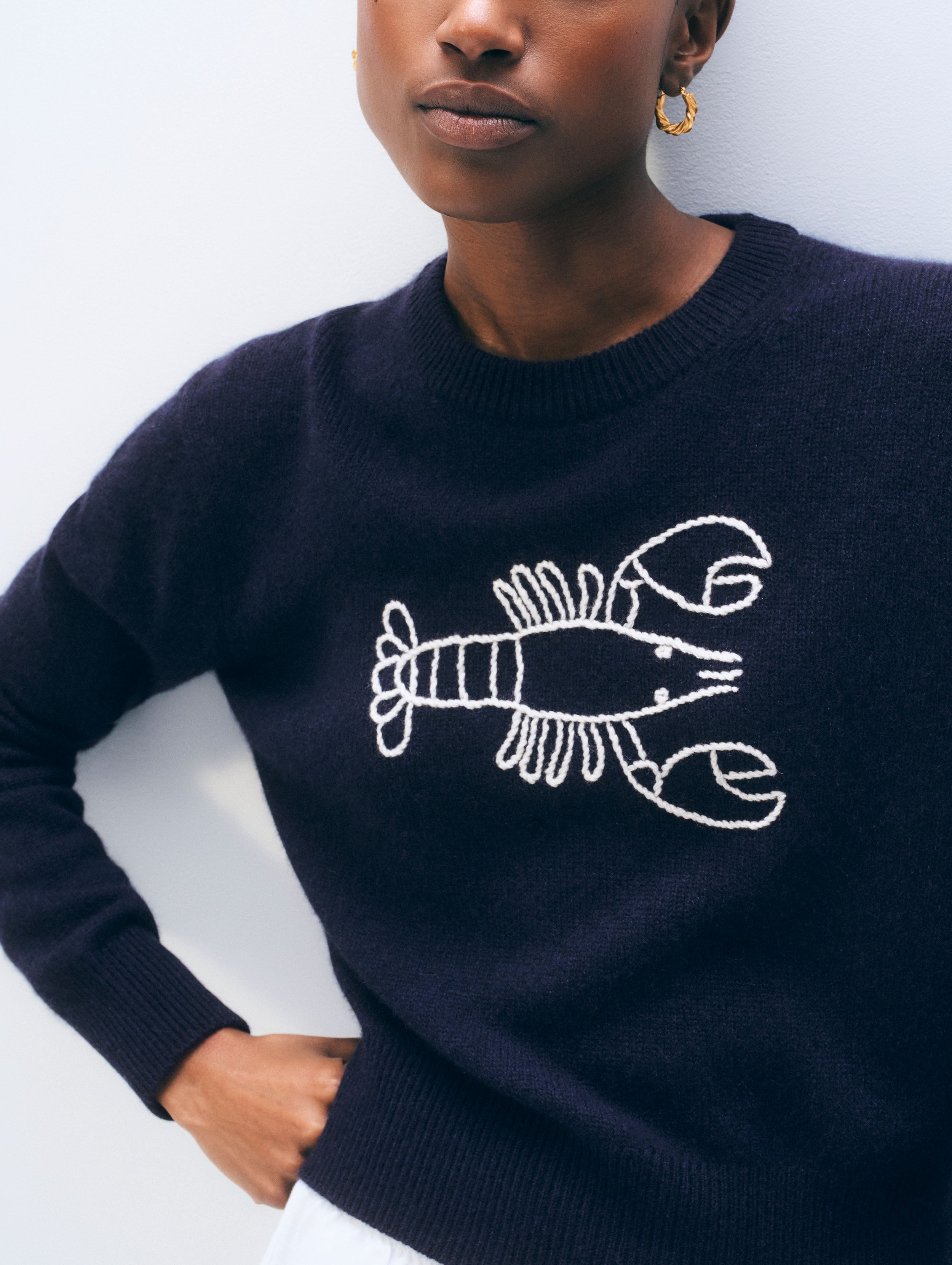 Cashmere Embroidered Lobster Crewneck | Deep Navy/Soft White