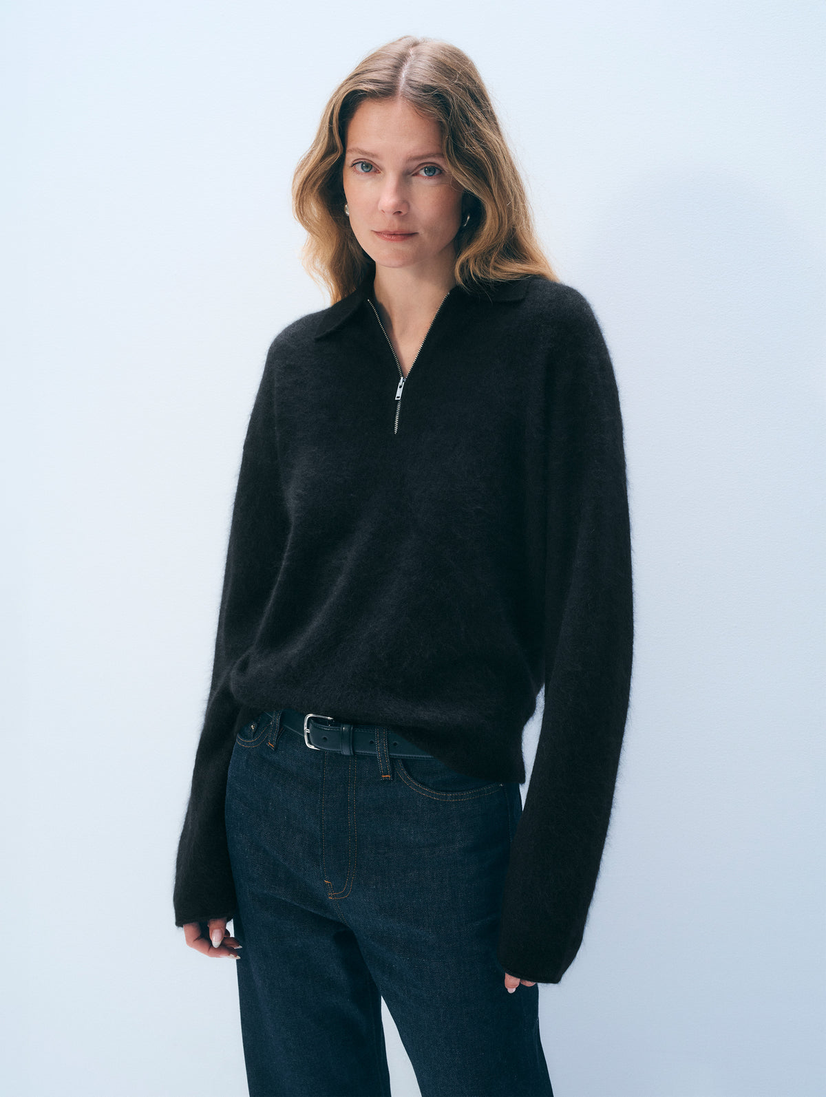 Brushed Cashmere Quarter-Zip | Black