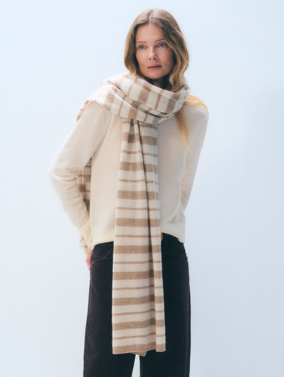 Cashmere Stripe Travel Wrap | Taupe/ Natural