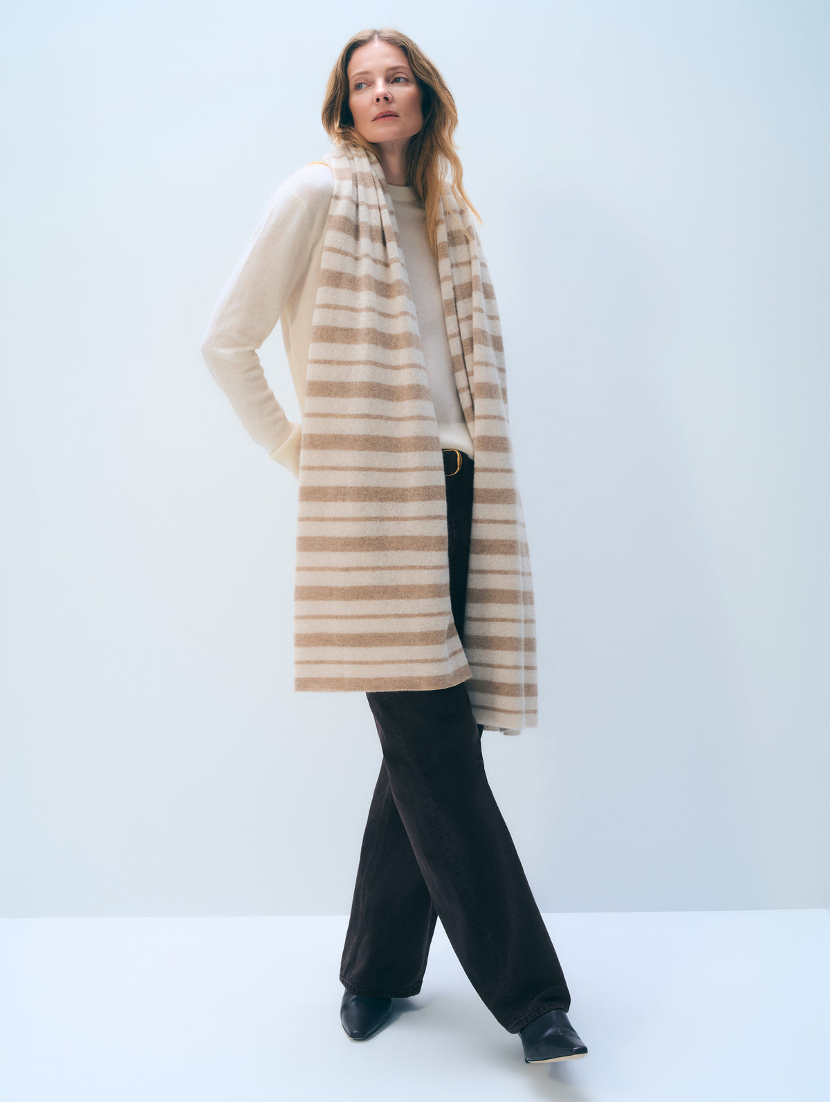 Cashmere Stripe Travel Wrap | Taupe/ Natural