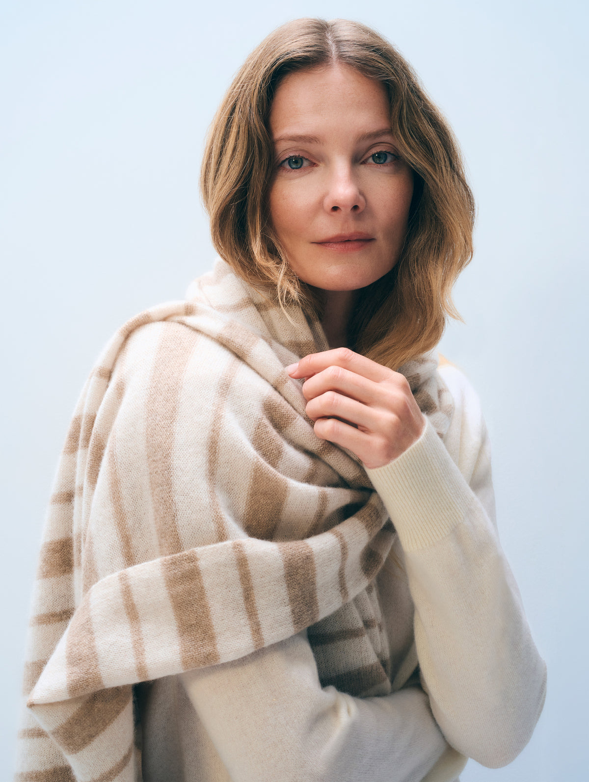Cashmere Stripe Travel Wrap | Taupe/ Natural