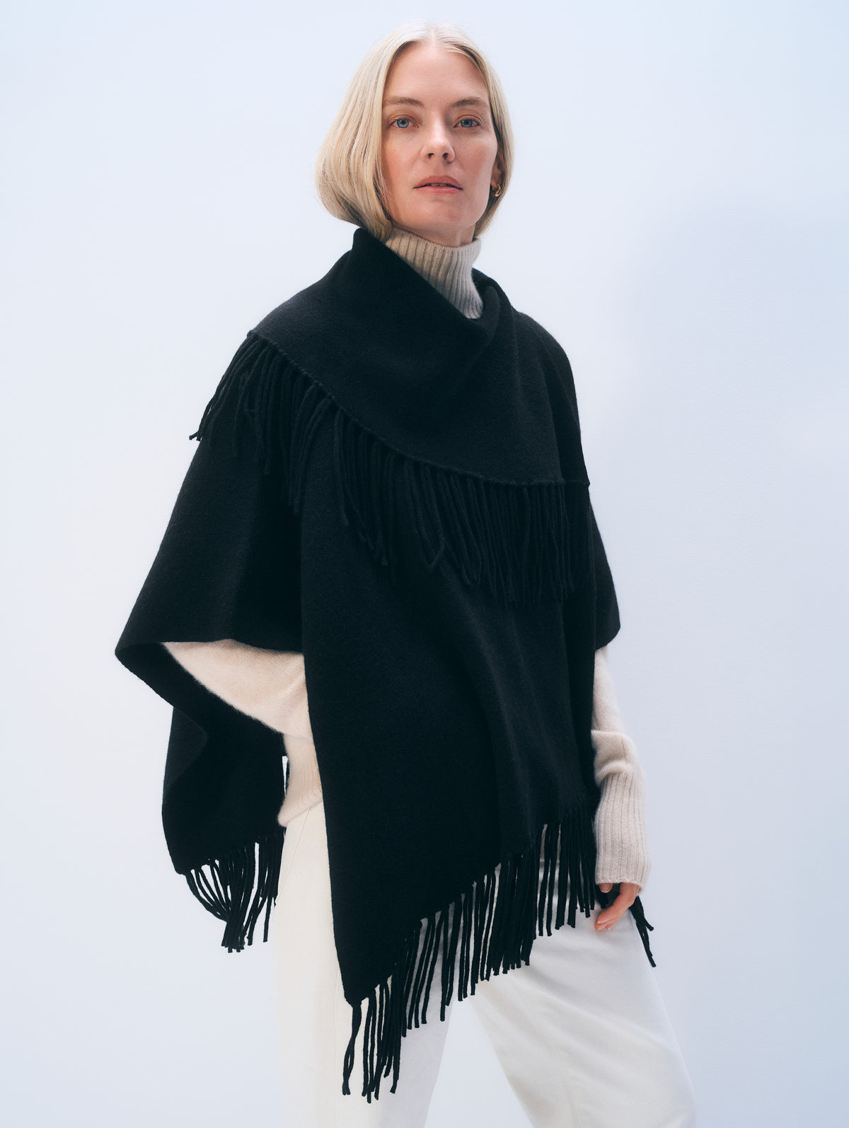 Cashmere Blend Fringe Poncho | Black