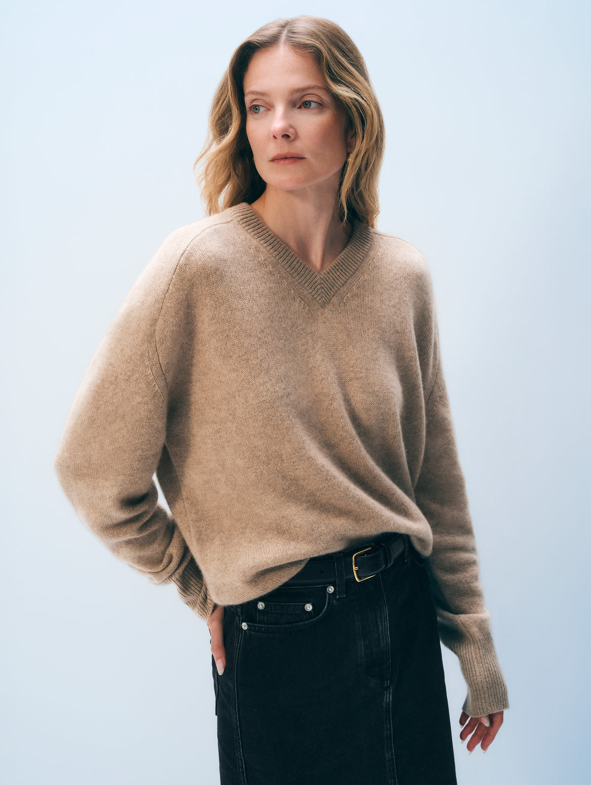 Cashmere Saddle Sleeve V Neck | Taupe Heather