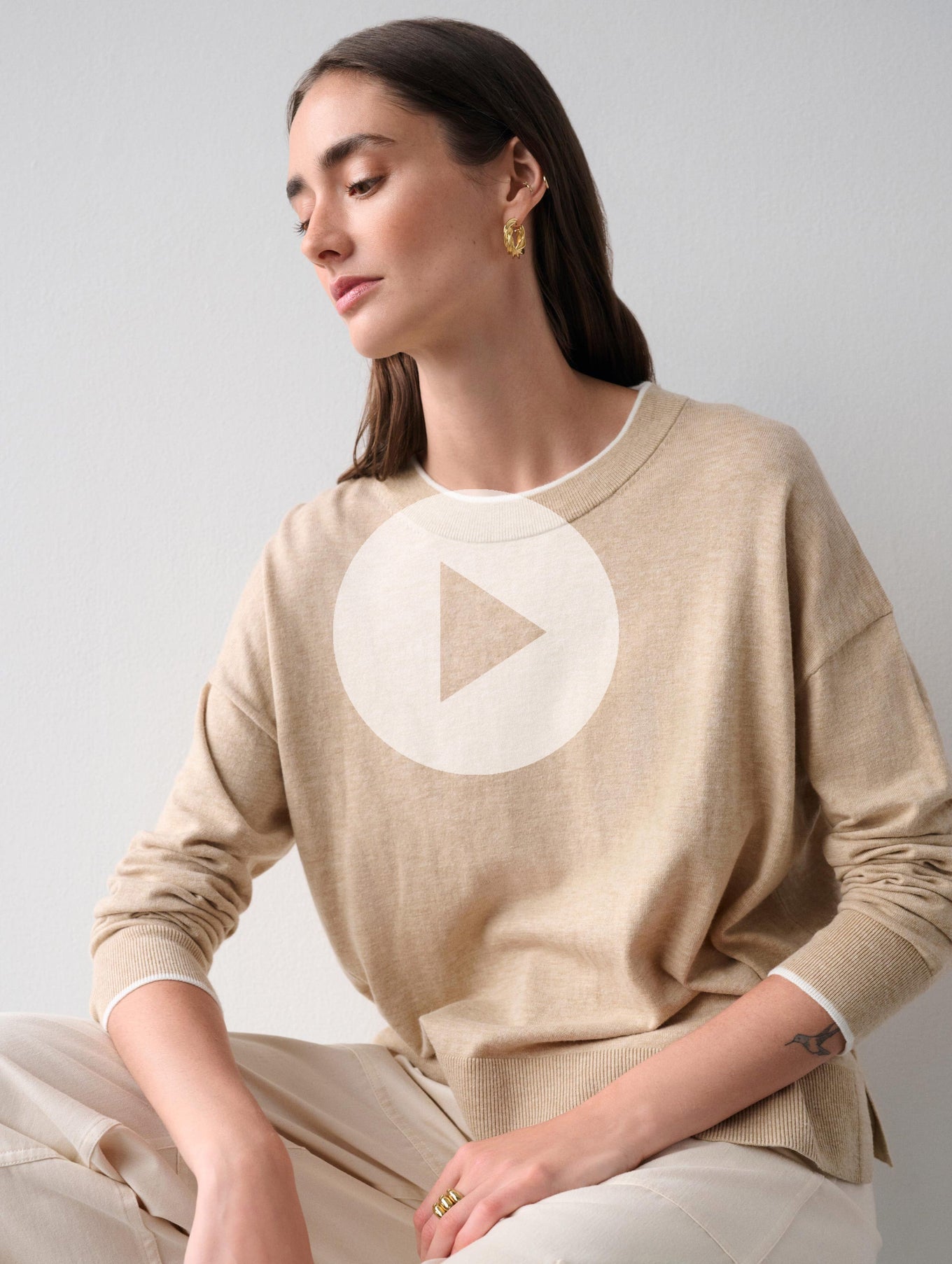 Cotton Silk Rib Trim Crewneck