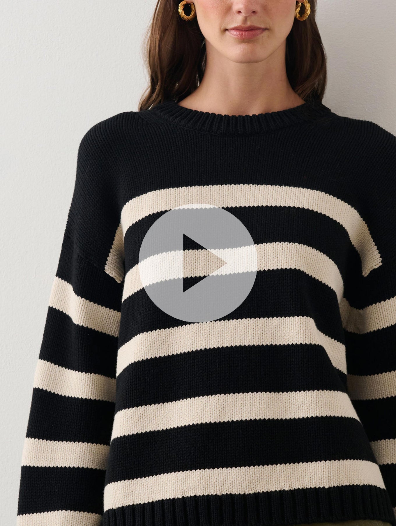 Cotton Striped Ribbed Trim Crewneck