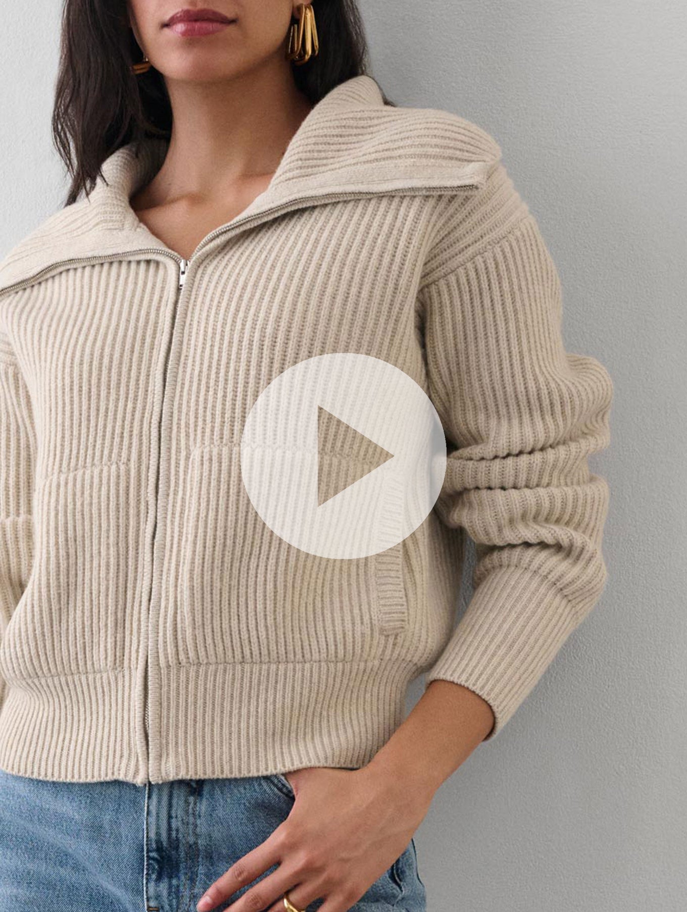 Merino Blend Ribbed Zip Up Jacket