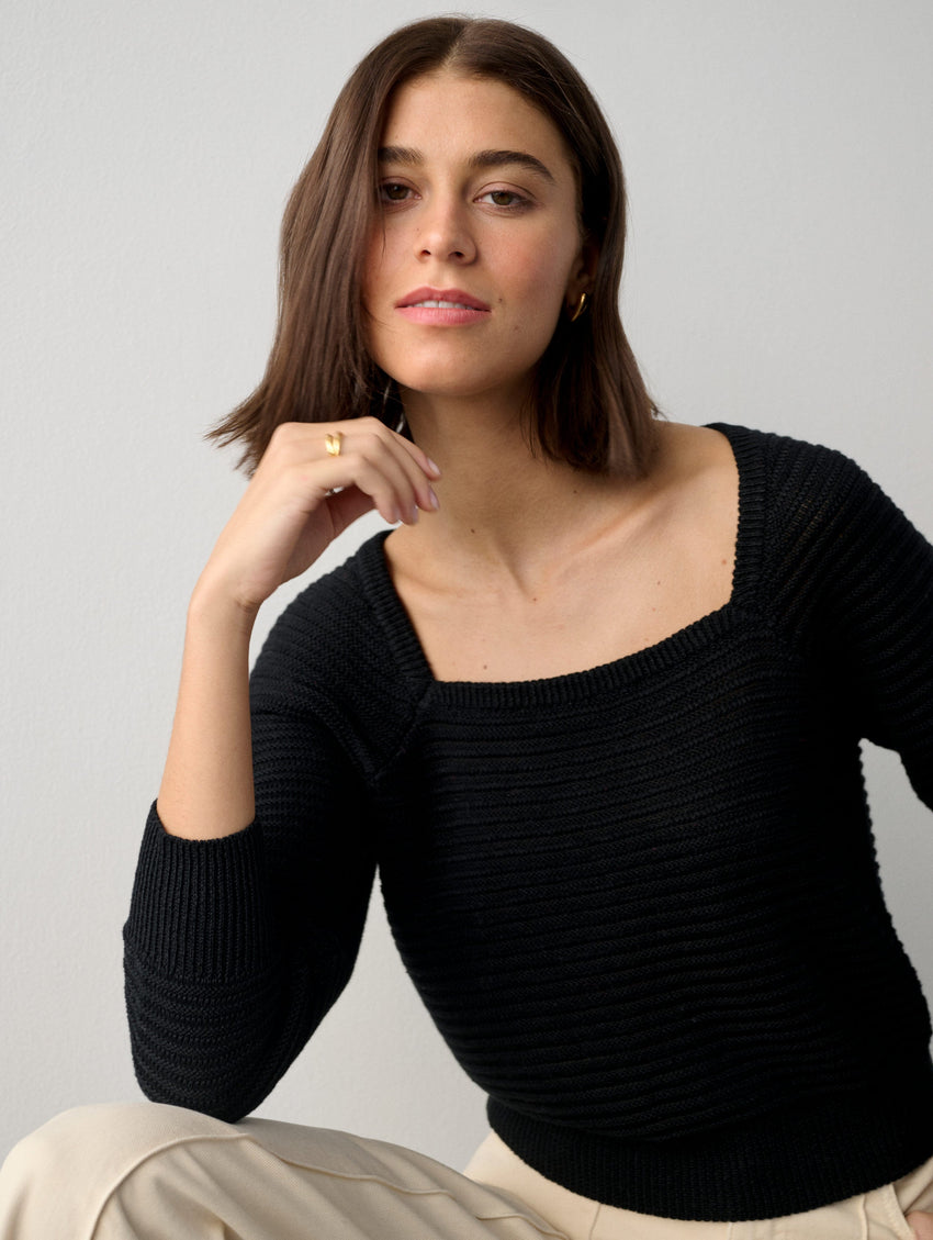 Linen Stitchy Square Neck Top