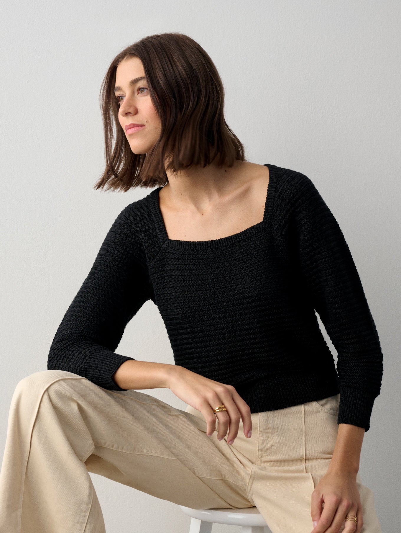 Linen Stitchy Square Neck Top