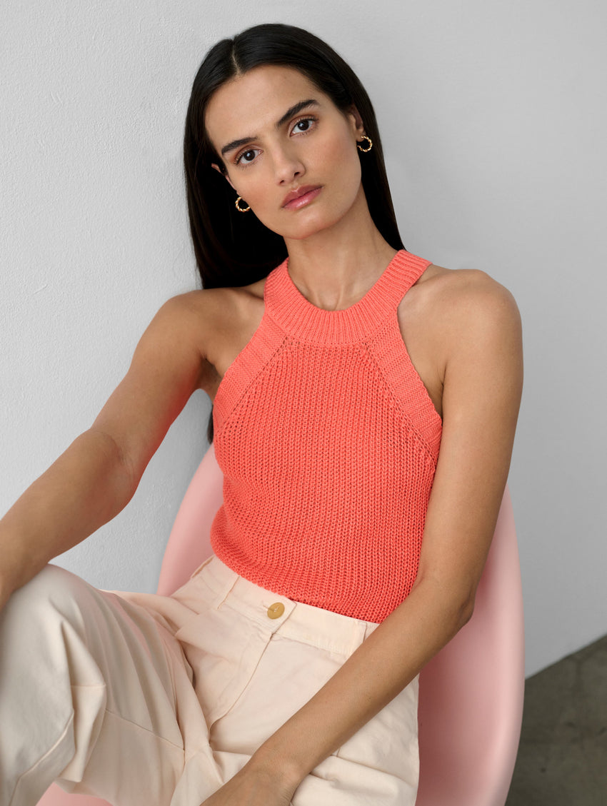 Linen Blend Cut In Crewneck Tank